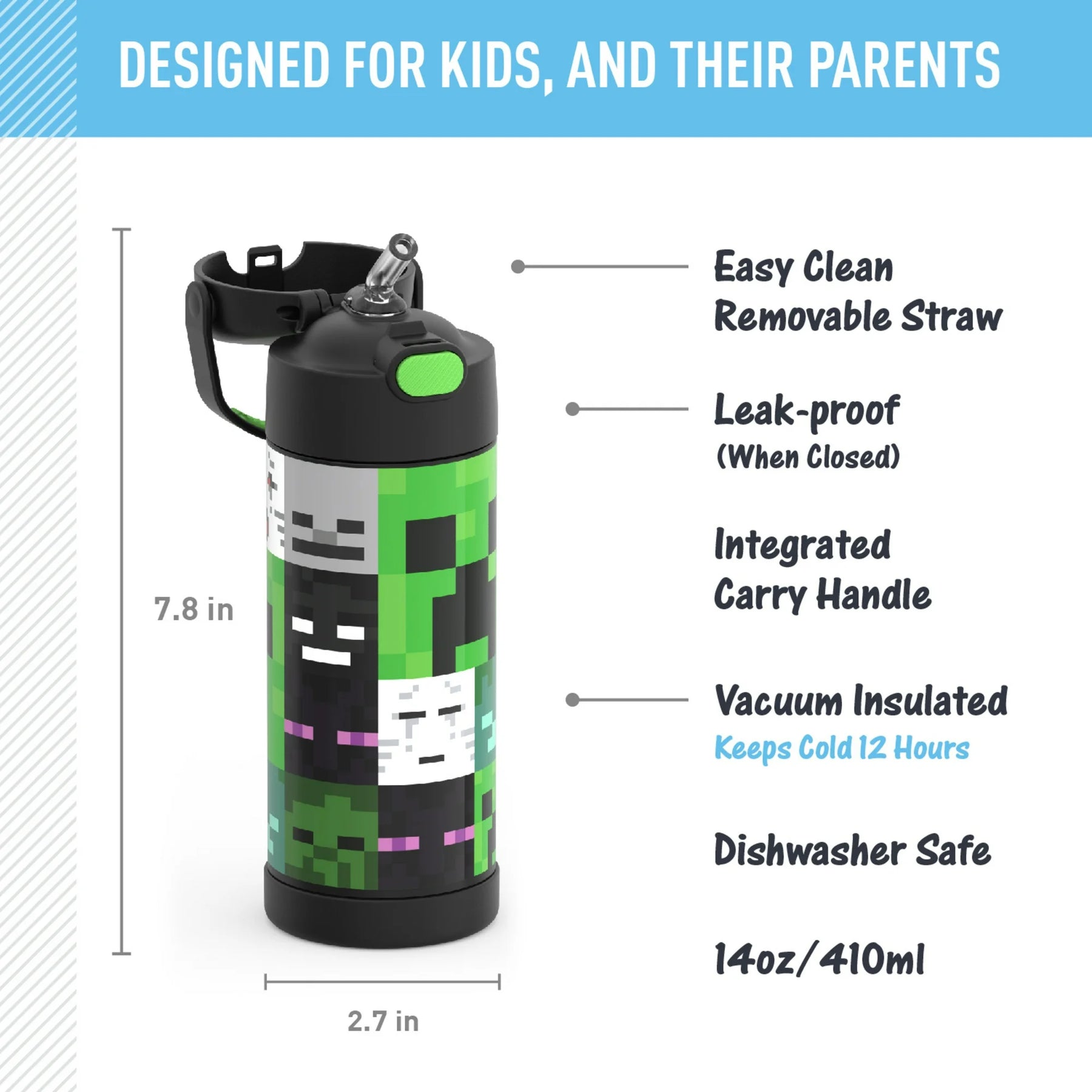 Garrafa Térmica Aço Inoxidável Minecraft Verde e Preta 410ml