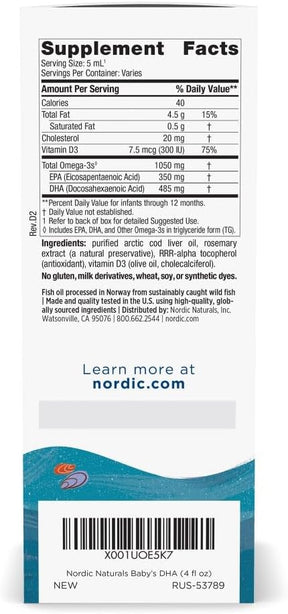 Nordic Naturals Babys Dha 1050mg Omega 3, Com Vit D, 119ml