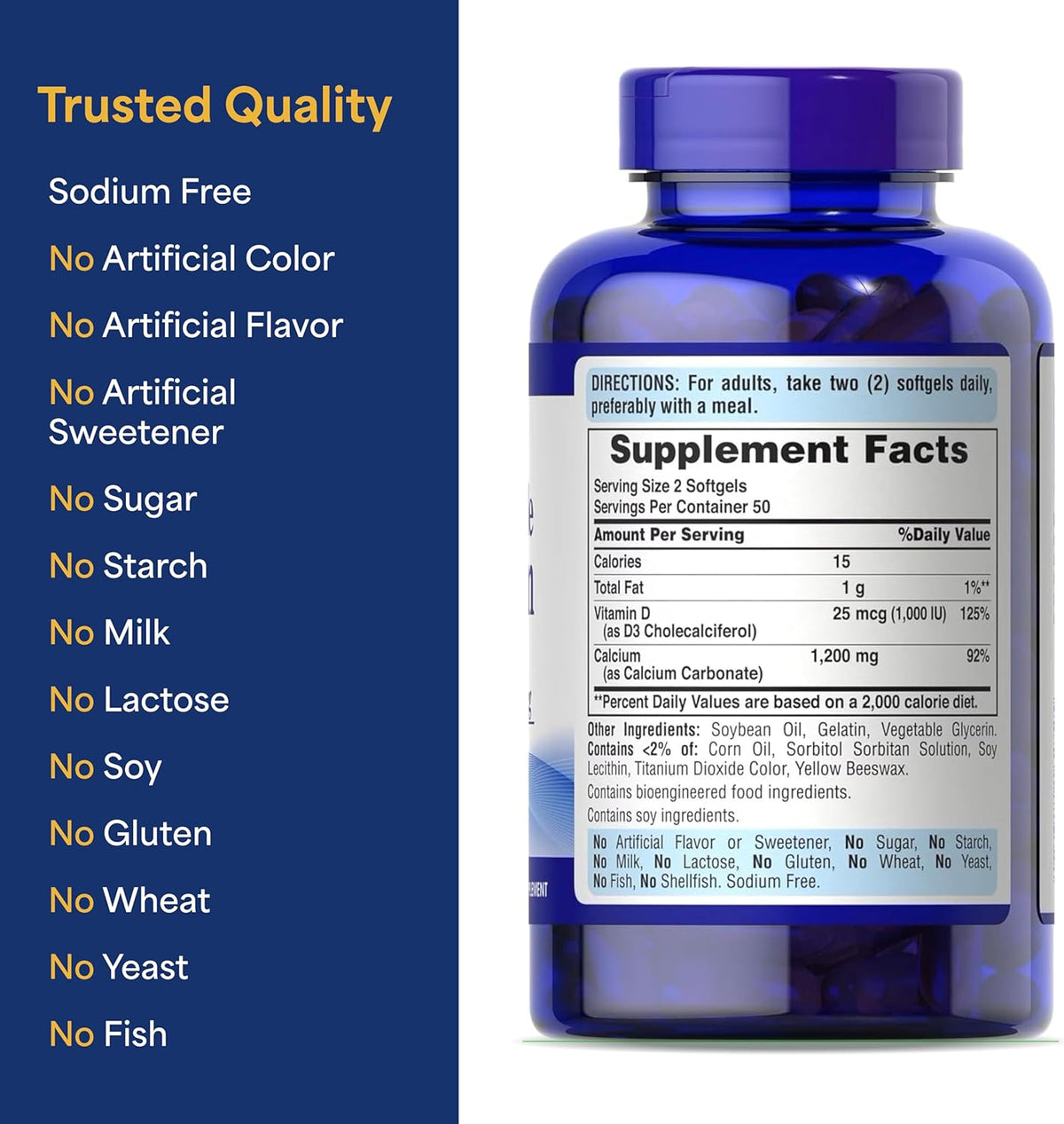 Puritan´s Pride Calcium Plus 1200 Mg + D3 - 100 Softgels