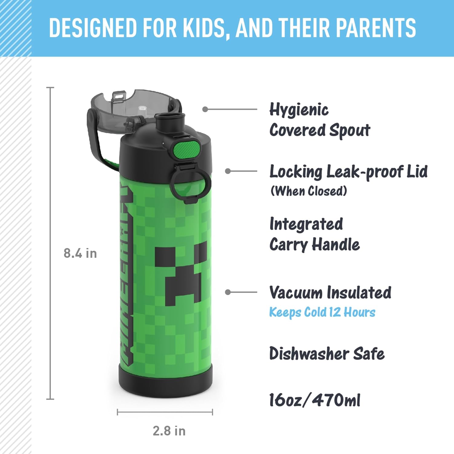 Thermos Garrafa Termica Minecraft 470ml verde claro