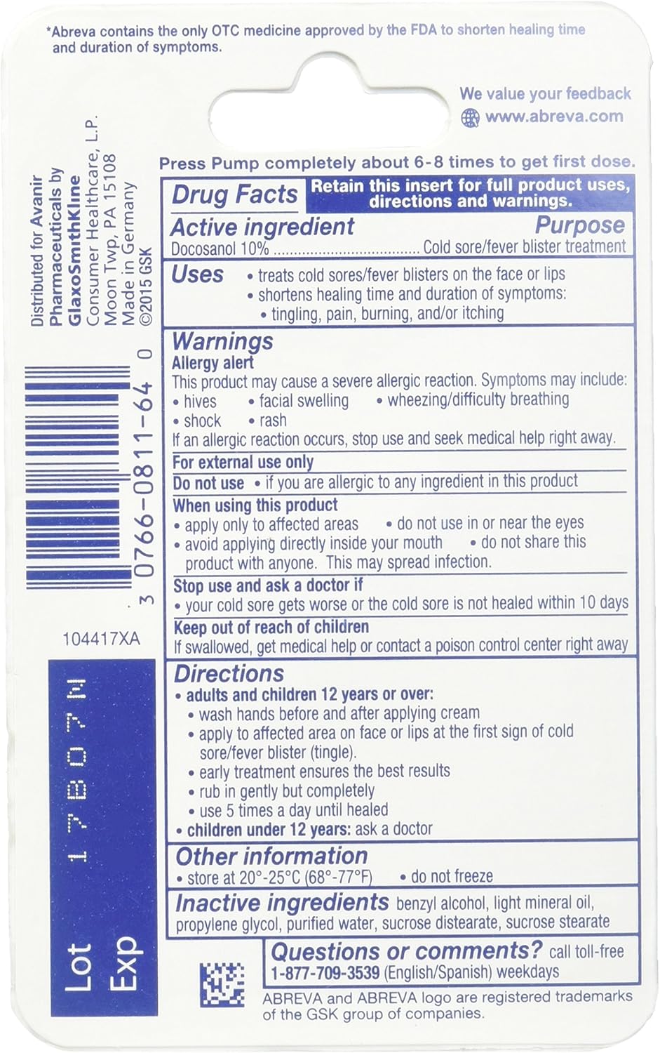 Abreva Tratamento De Bolha De Febre / Afta (2g) Abreva Pump
