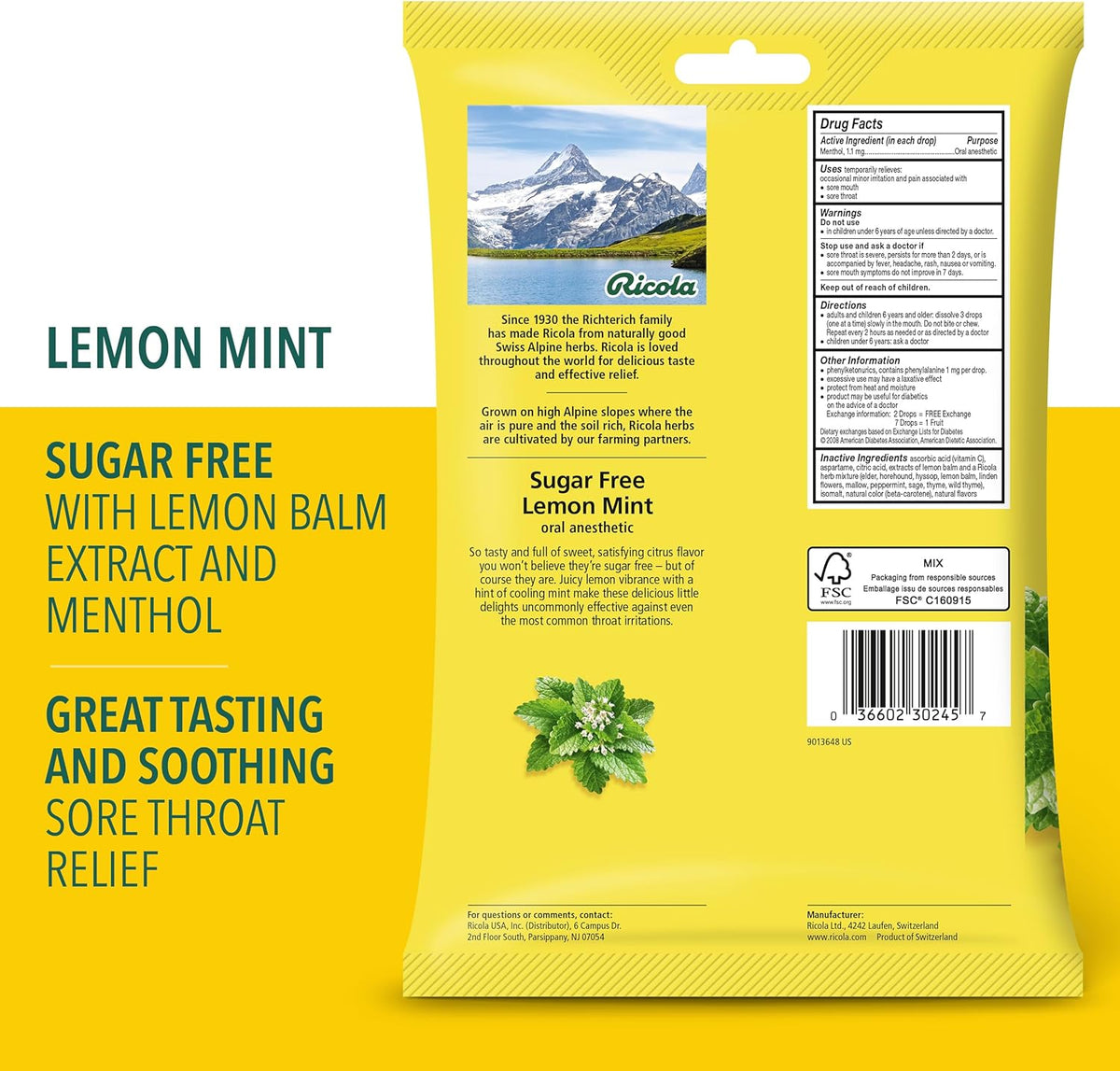 Bala Ricola P/ Tosse Sabor Menta E Limão 45 Drops - EUA